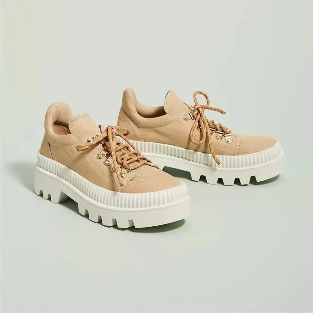 Anthropologie Silent D Tan Hiker Sneakers Platform Lace Up Womens Size 37 US 6.5